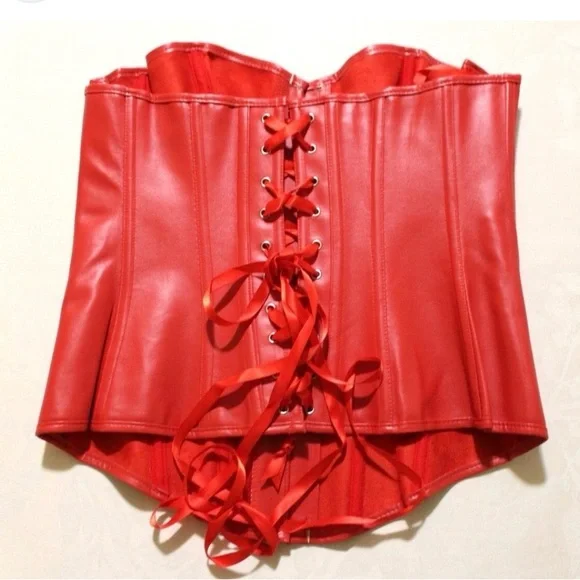 #1667**Red Leather Zip-Front Corset Top - Picture 4 of 10